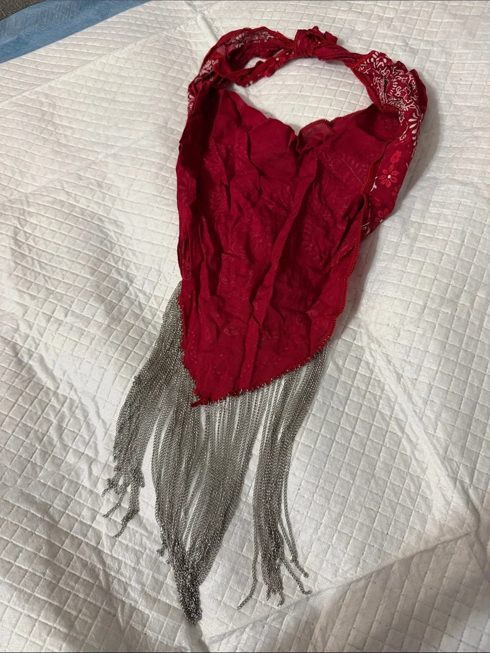 Y2k Red Bandana necklace with Silver Fringe